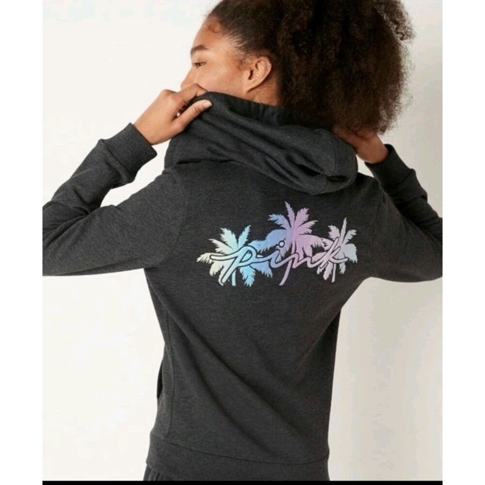 VS PINK Palm Hoodie Gray Full Zip Puffed Graphic Logo